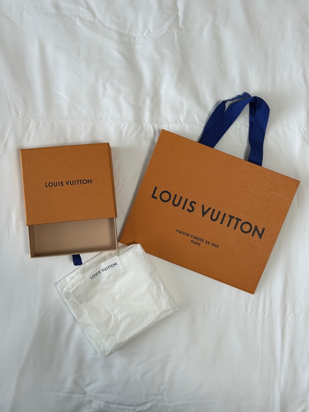 Louis Vuitton Orange Shopping Bag with Navy Ribbon, Box and tissue paper